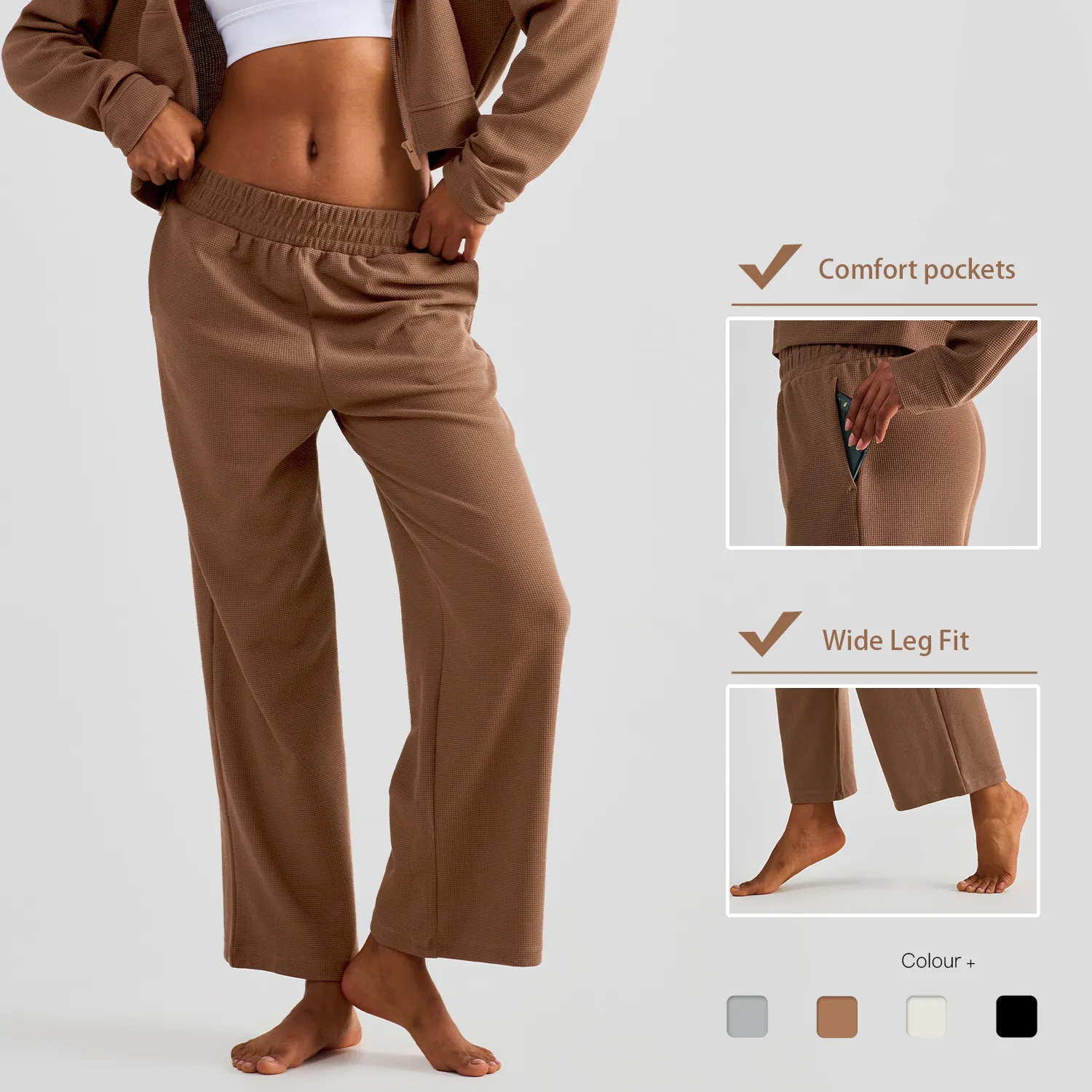 SHINBENE Loose Waffle High Waist Sweatpants Comfy Fitness Flare Pants Ladies Wide Leg Pants with Pockets
