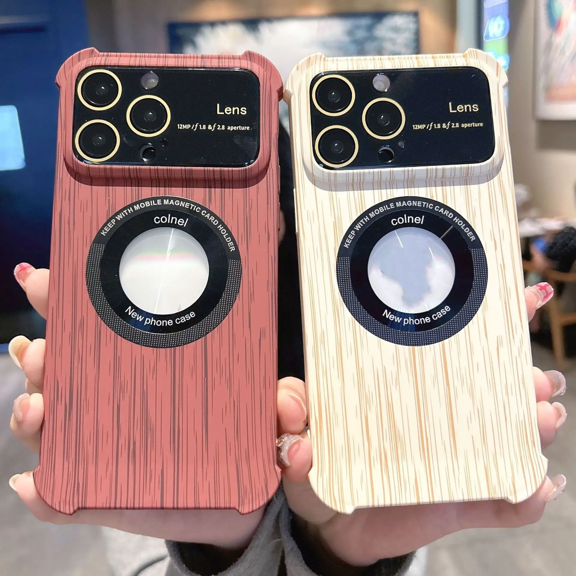 Retro Wood Grain Big Window Phone Case For iPhone 15 Pro Max 12 13 14 Plus For Magnetic Four corner anti fall Shockproof
