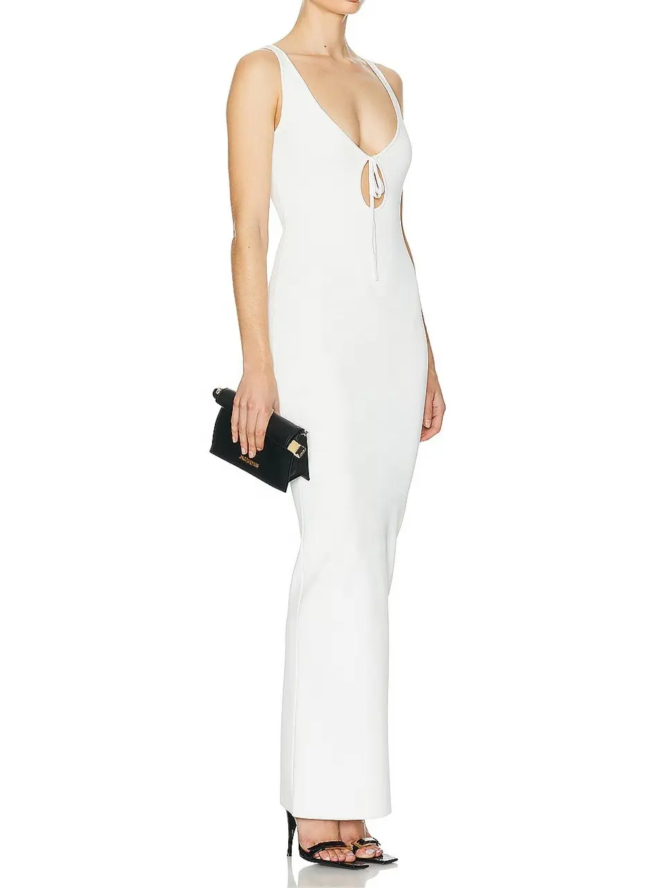 Özelleştirilmiş stilleri örme elbise beyaz derin V boyun kadın rahat Midi elbise oymak