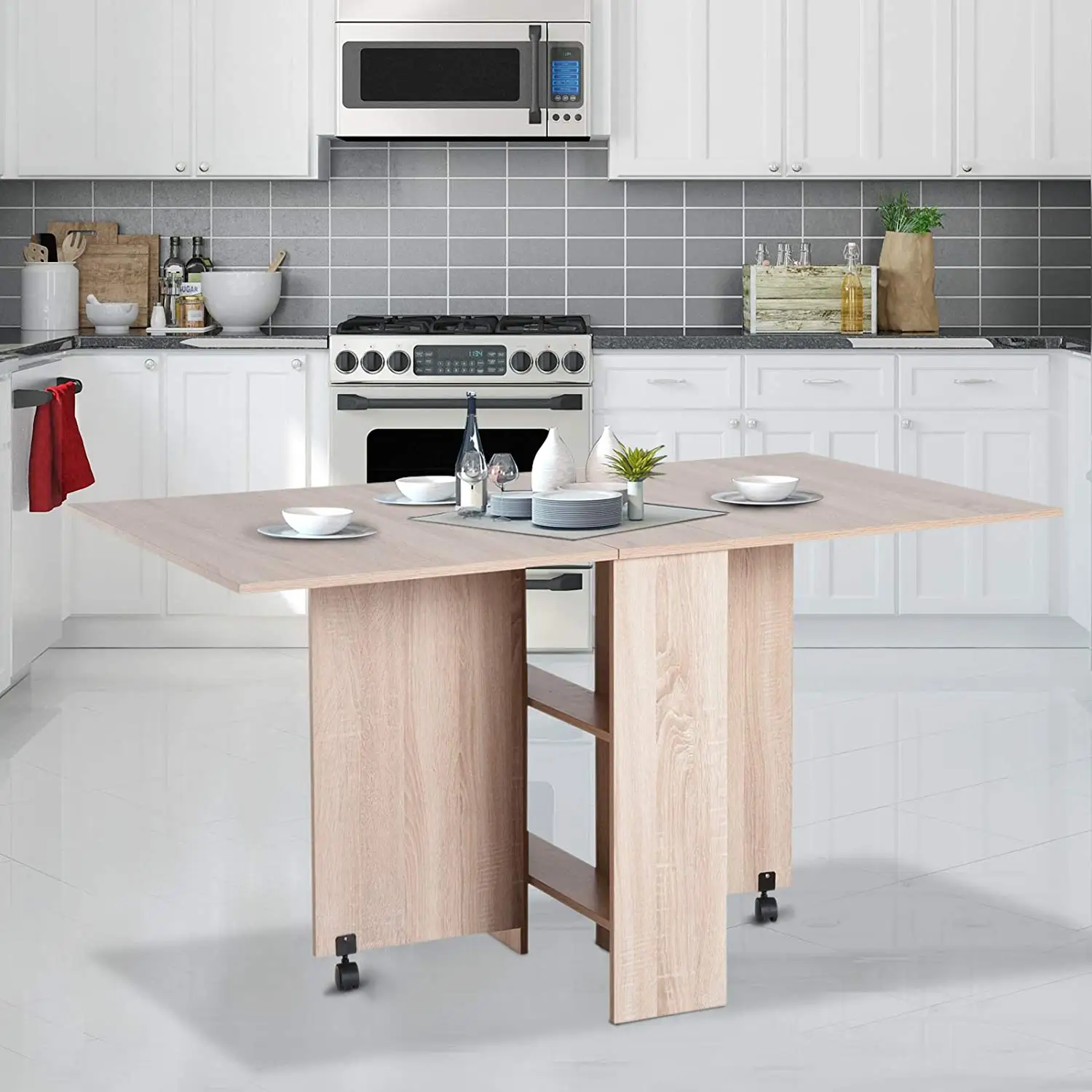 Móvil gota de cocina comedor mesa plegable de escritorio para espacios pequeños con 2 ruedas y 2 estantes de almacenamiento de roble
