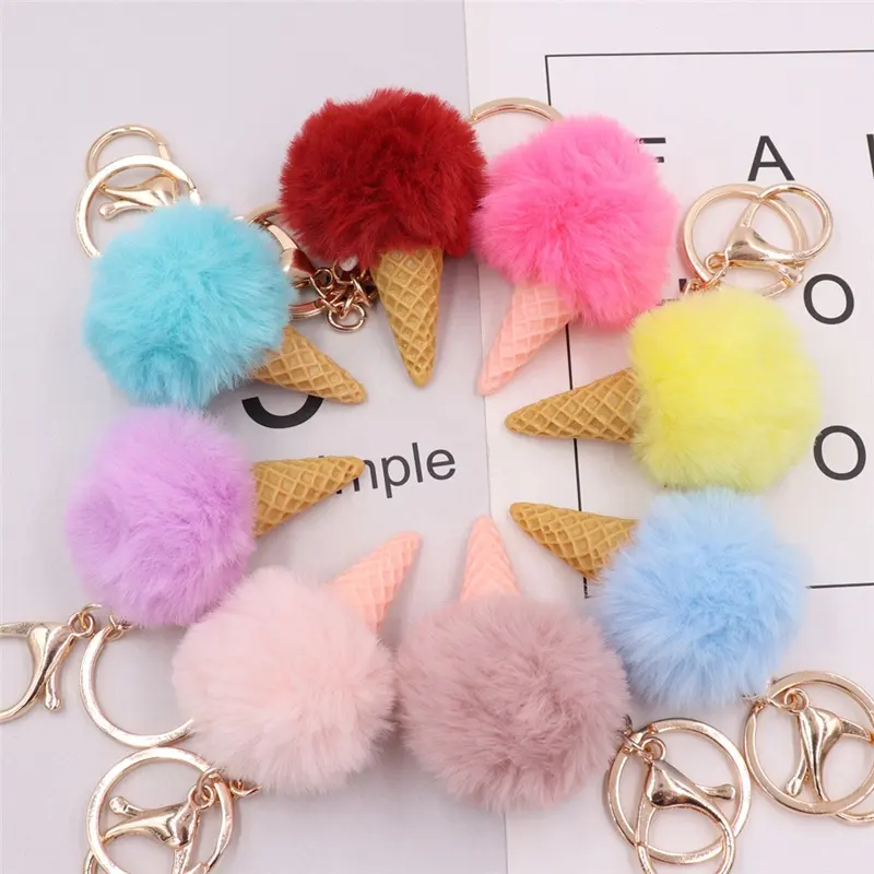 Fantasia de Luxo de Pelúcia Fofo Chaveiro Em Forma de Sobremesa Sorvete Brinquedo Macio Mink Fur Pom Pom Keychain