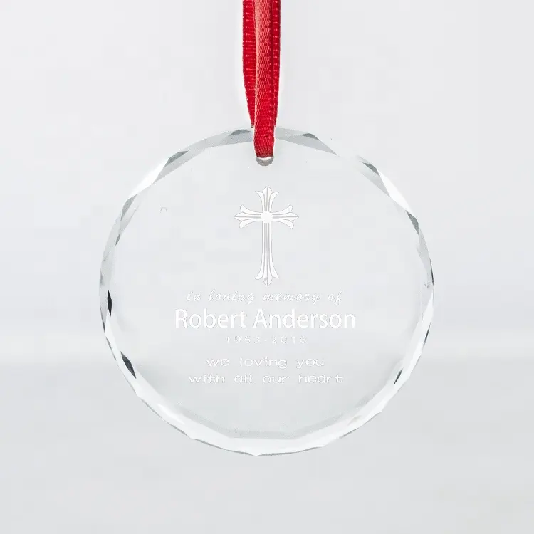 Adornos navideños de cristal redondos personalizados de fábrica logotipo 3D de grabado láser personalizado para la decoración del árbol de Navidad