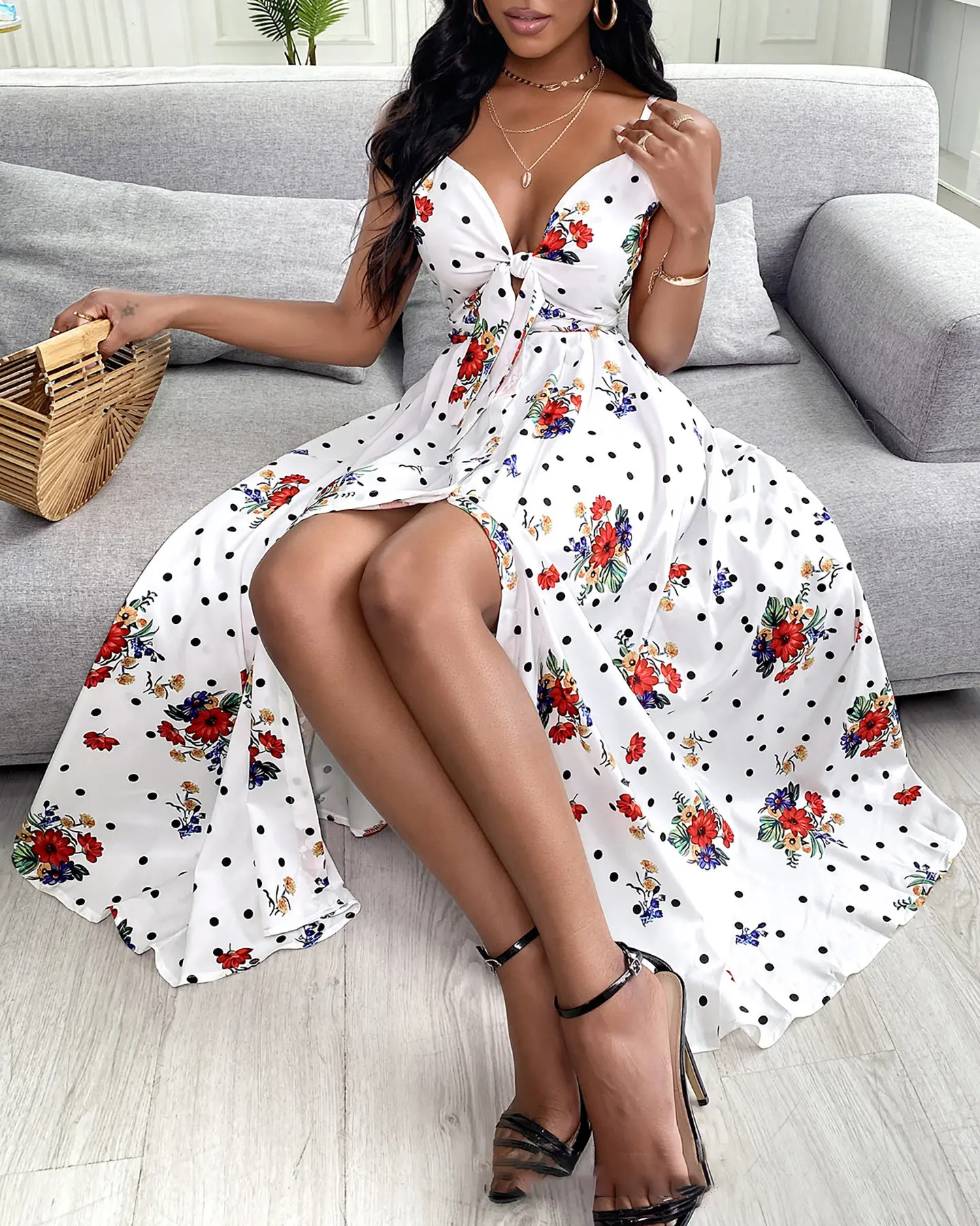 Women Floral Print Slip Loose Dress Summer Female V Neck Lace Up Patchwork Tunic Swing Party Midi Dresses