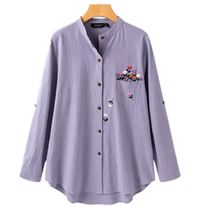 Atacado New arrival casual mulheres bordado florido camisa turn down collar manga comprida blusa senhora top