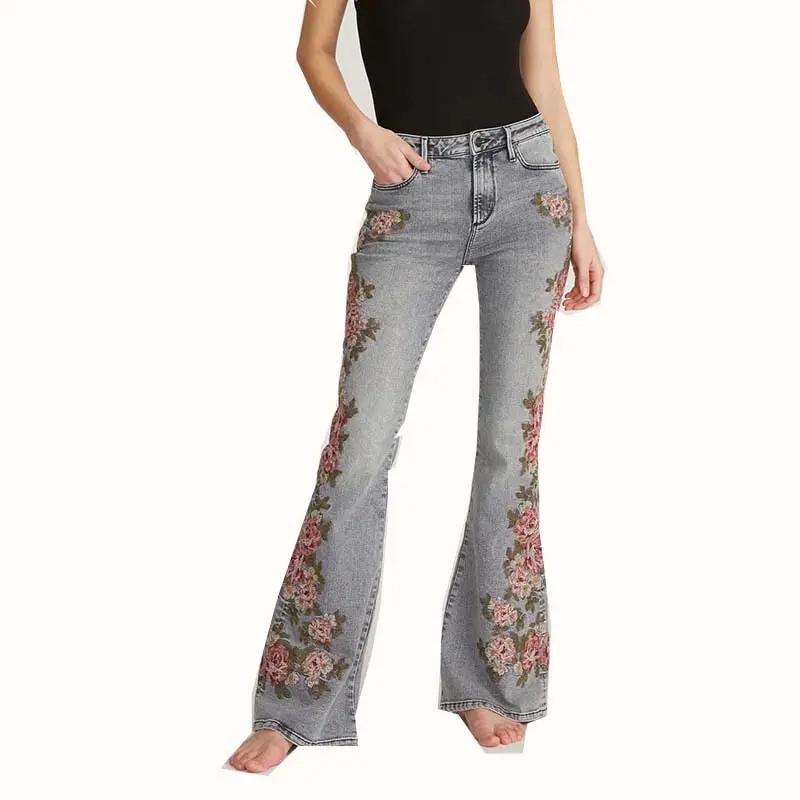 Pantalones vaqueros bordados de cintura alta personalizados para mujer, pantalones vaqueros ajustados elásticos, pantalones acampanados ajustados