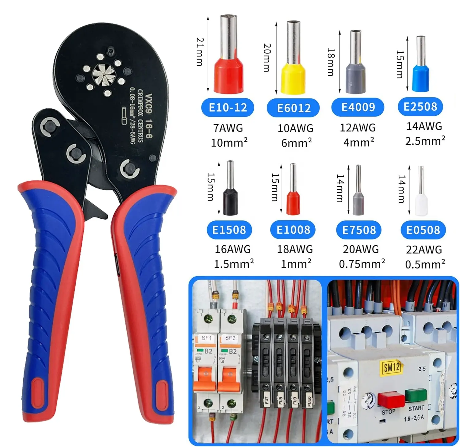 Alicates de crimpado HSC8 16-6 28-5AWG 0,08-16mm Herramienta de crimpado de virola de trinquete hexagonal Crimpadora con terminal de 1200 piezas