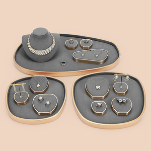 Jinsky Gray Jewelry Display Set Golden Frame <strong>apple</strong> Shape Jewellery Stands Oval Shape Platform Displays for Counter showcase - Product Image 1