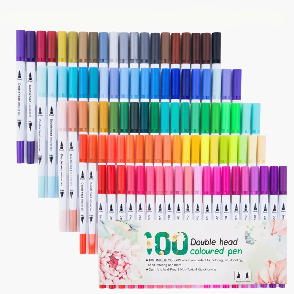 Penne a pennello a doppia punta a 100 colori con punta Fine e punta a pennello per colorare e calligrafia