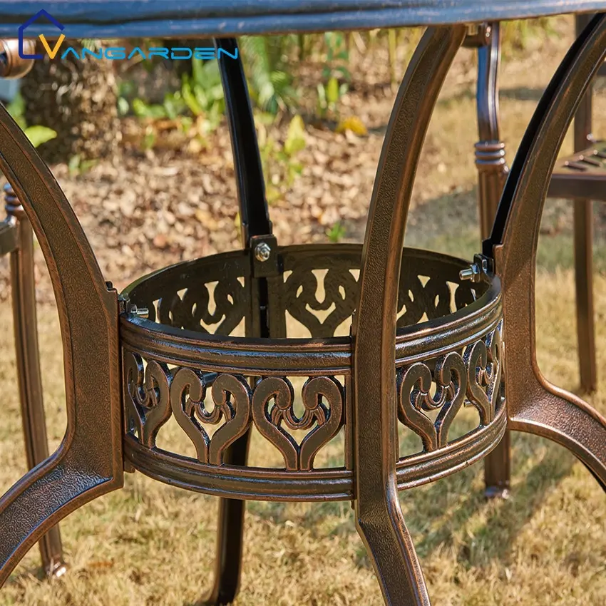 Muebles de lujo para jardín y Patio, juego de conversación de aluminio fundido con mesa redonda, 4 plazas