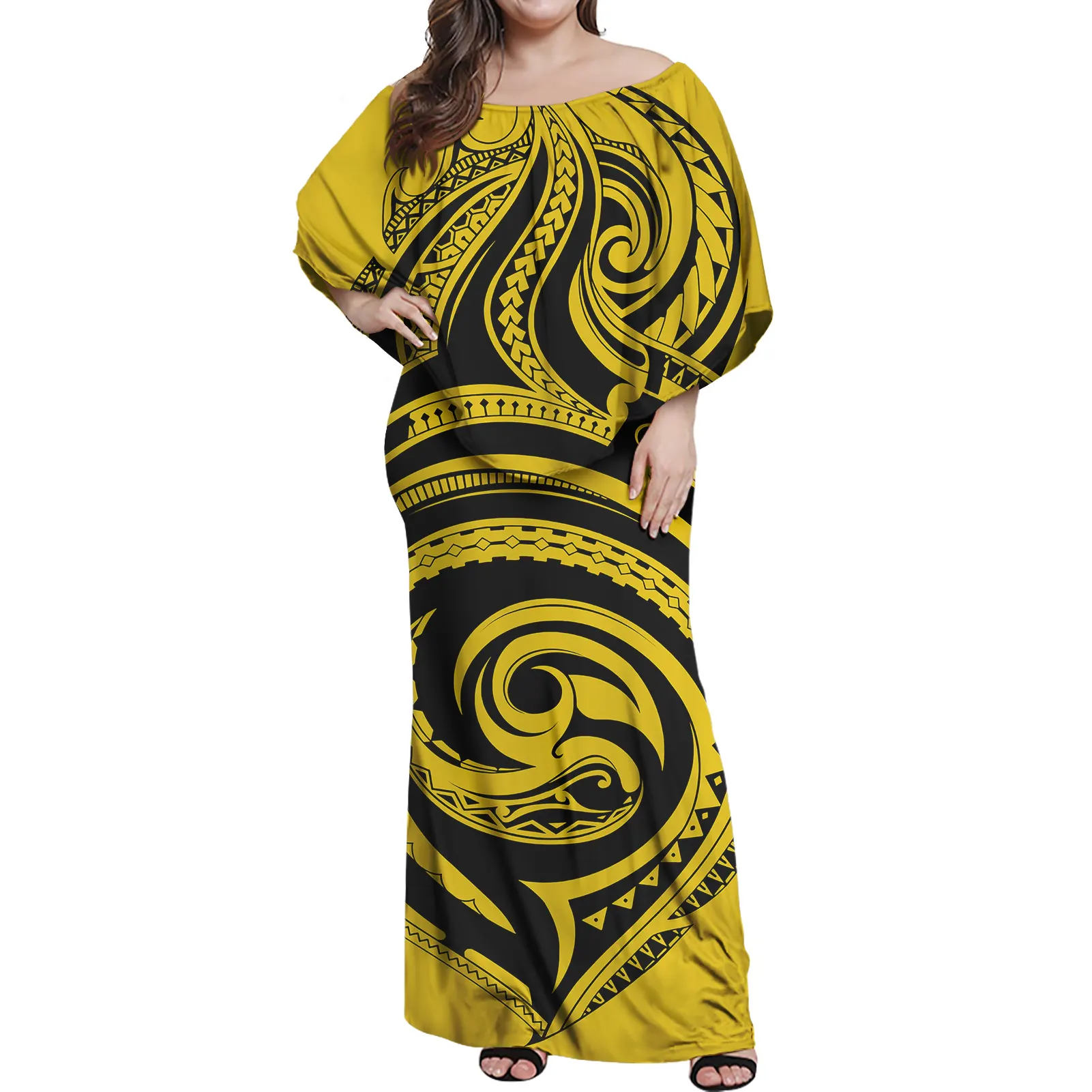 Vestido grosso clássico clássico polinésia, vestido clássico clássico amarelo solto para mulheres
