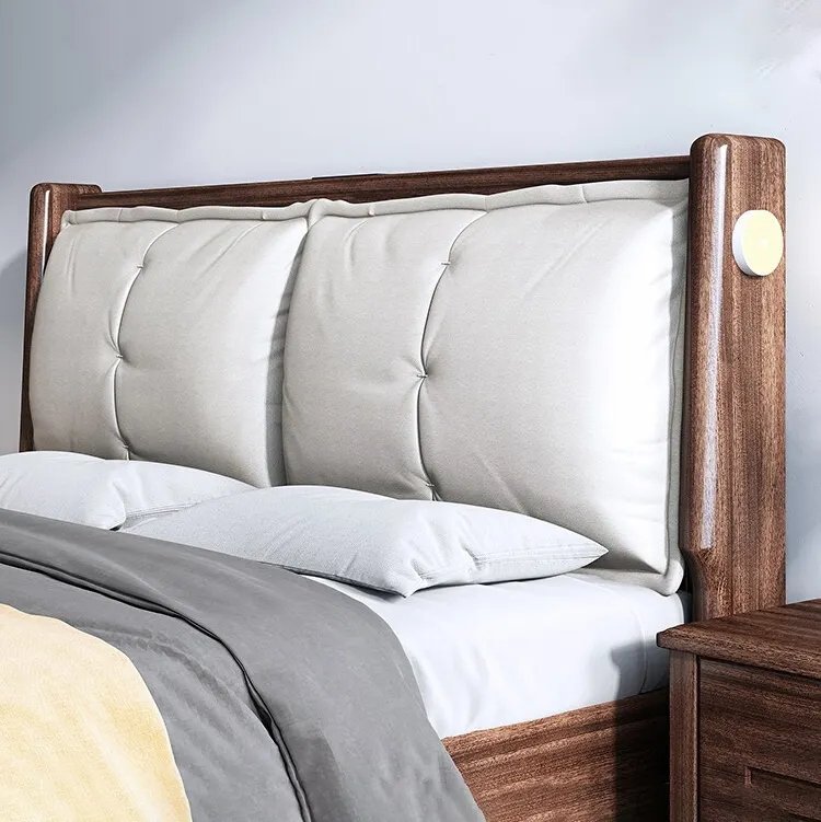 Grande bolsa macia walnut cama dupla luz de luxo moderna cama mestre quarto de madeira sólida cama para móveis do quarto