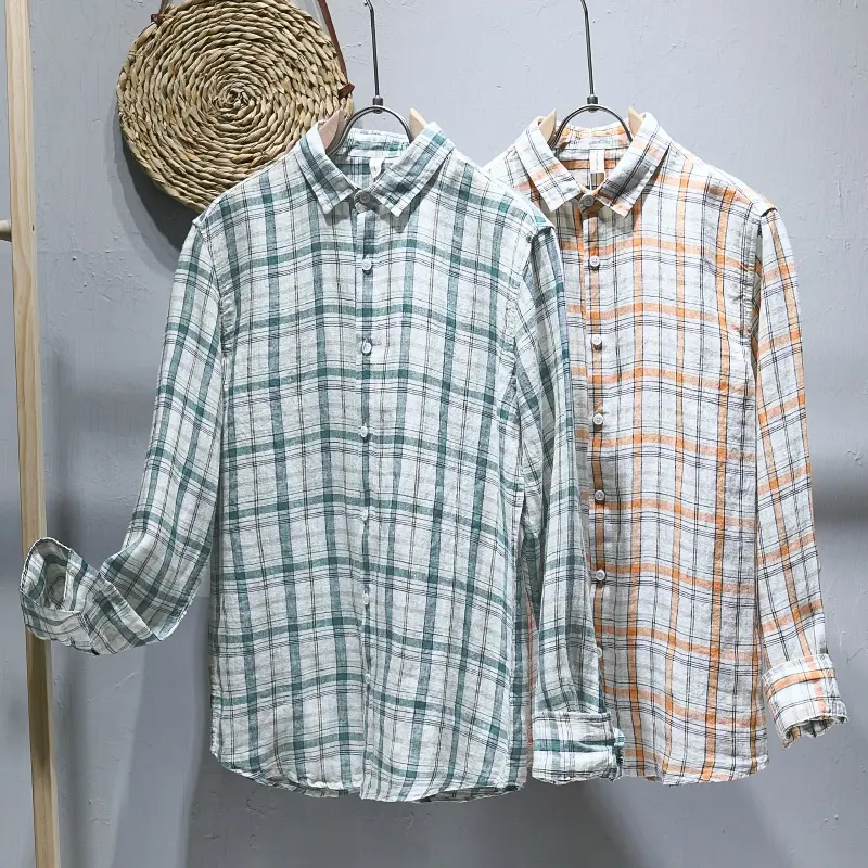 Camisa de lino 100% personalizada para hombre, ropa informal de manga larga, color Naranja, Negro, verde y blanco