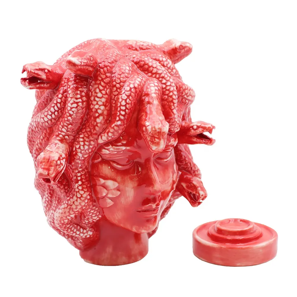 Custom handmade Greek mythology figure Gorgon home decor incense chamber washed red ceramic Medusa head incense cone burner