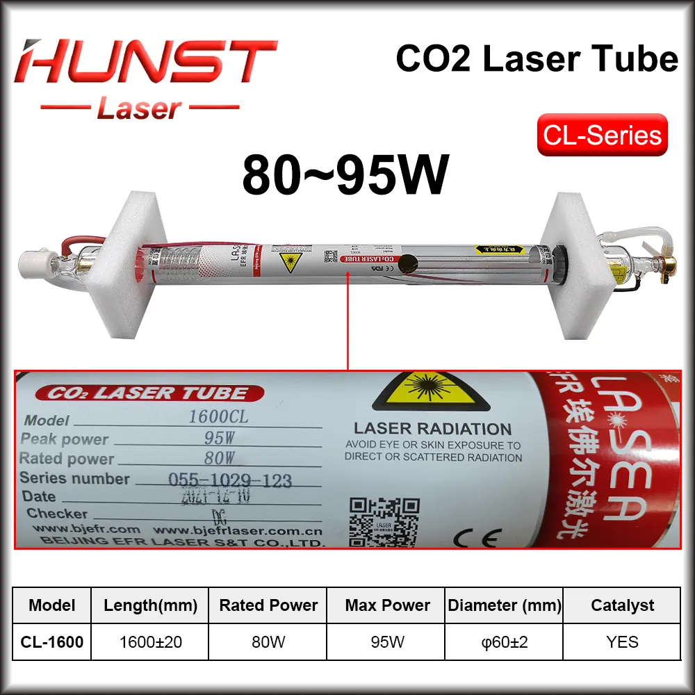 Лазерная Co2 трубка Hunst EFR 80 ~ 95 Вт, Длина 1600 мм, диаметр 60 мм, Лазерная лампа для Co2, лазерный резак, гравировальная машина