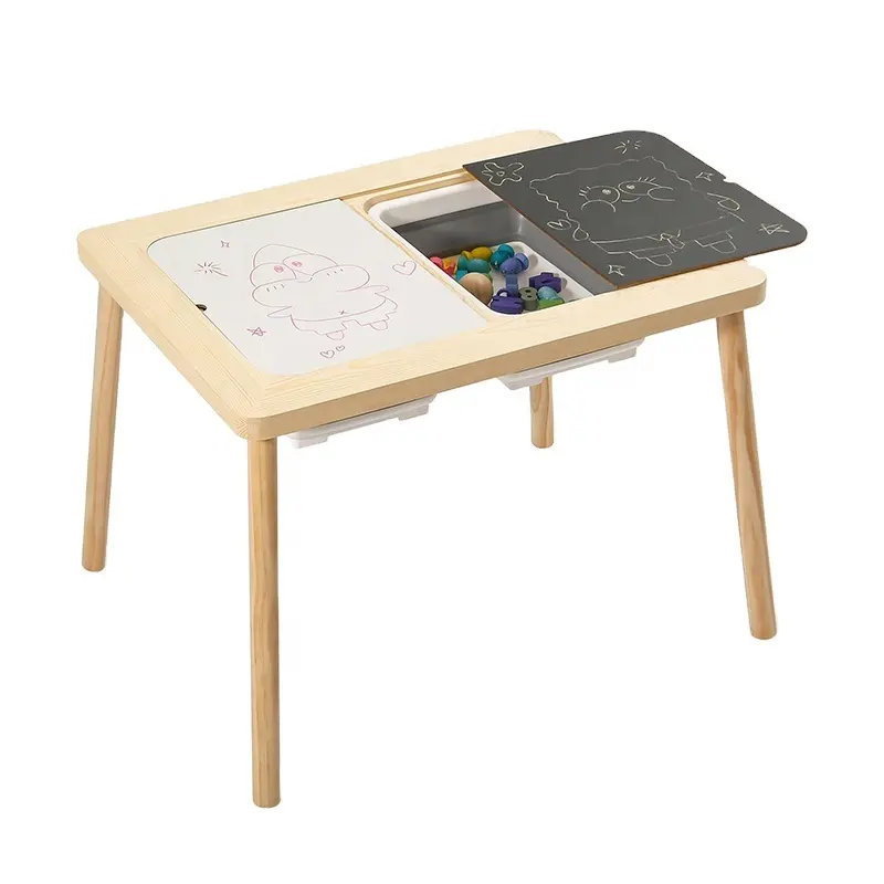 Multifunctionele Houten Kinderbureaustoel Sensorische Activiteit Speeltafel Met Opbergdozen Schoolbord Tekenscholen