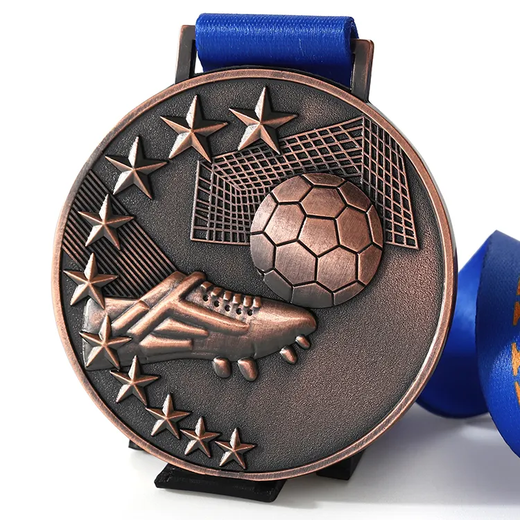 Médaille de football en laiton antique 3D avec logo en émail doux, de haute qualité, de sport personnalisé