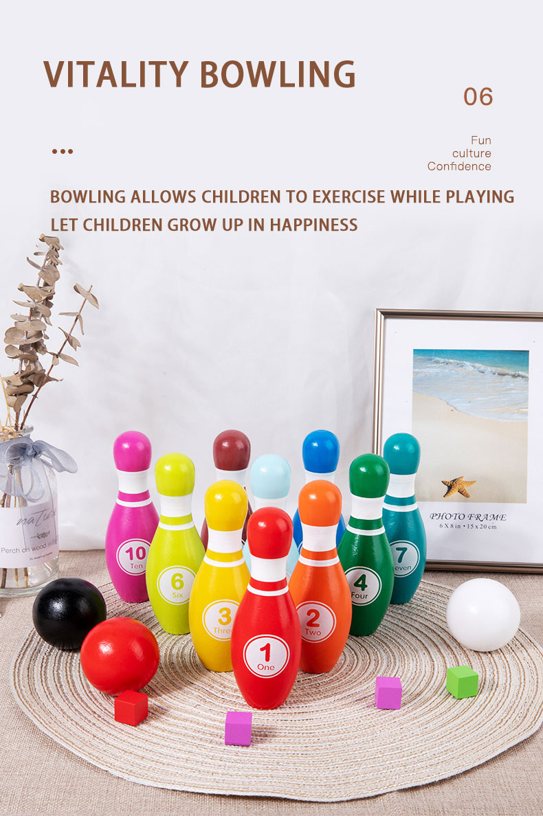 Hot Selling Kid Toy Colorful Wooden Small Bowling Sports Ball Parent-child Interactive Outdoor Games