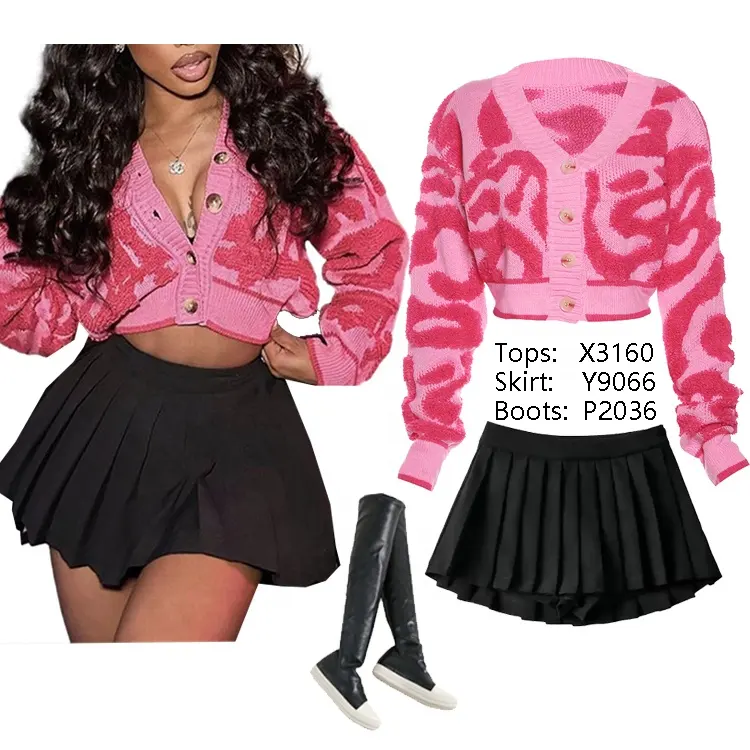X3160-trending 2023 니트 탑 v 넥 크롭 탑 스웨터 여성용 핑크 카디건