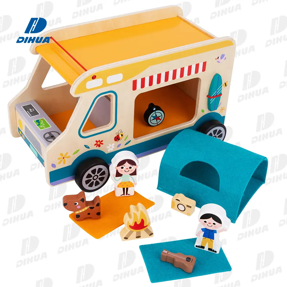 Automobiles De Madera De Juguete jouet De Camping en bois avec roue libre jouet en bois voiture, animaux et figurines, jouet De Camping pour enfants