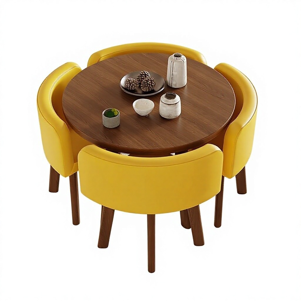 80cm walnut pattern round table + 4 yellow leather chairs