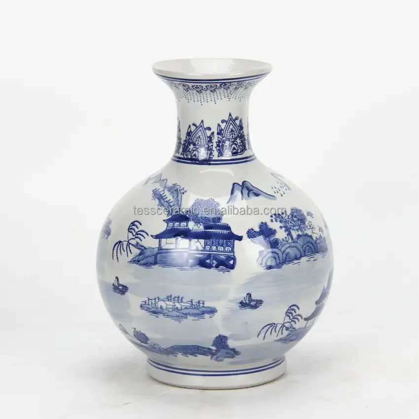 V071 Chinesische Keramik antike Vase Landschafts bilder Porzellan blaue und weiße Vase für Wohnkultur