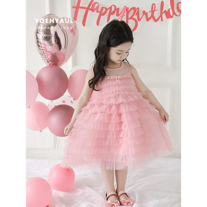 YOEHYAUL X4395 마지막 핑크 저녁 미인 대회 파티 프록 디자인 4 세 소녀 투투 얇은 명주 그물 어린이 생일 푹신한 원피스 유아