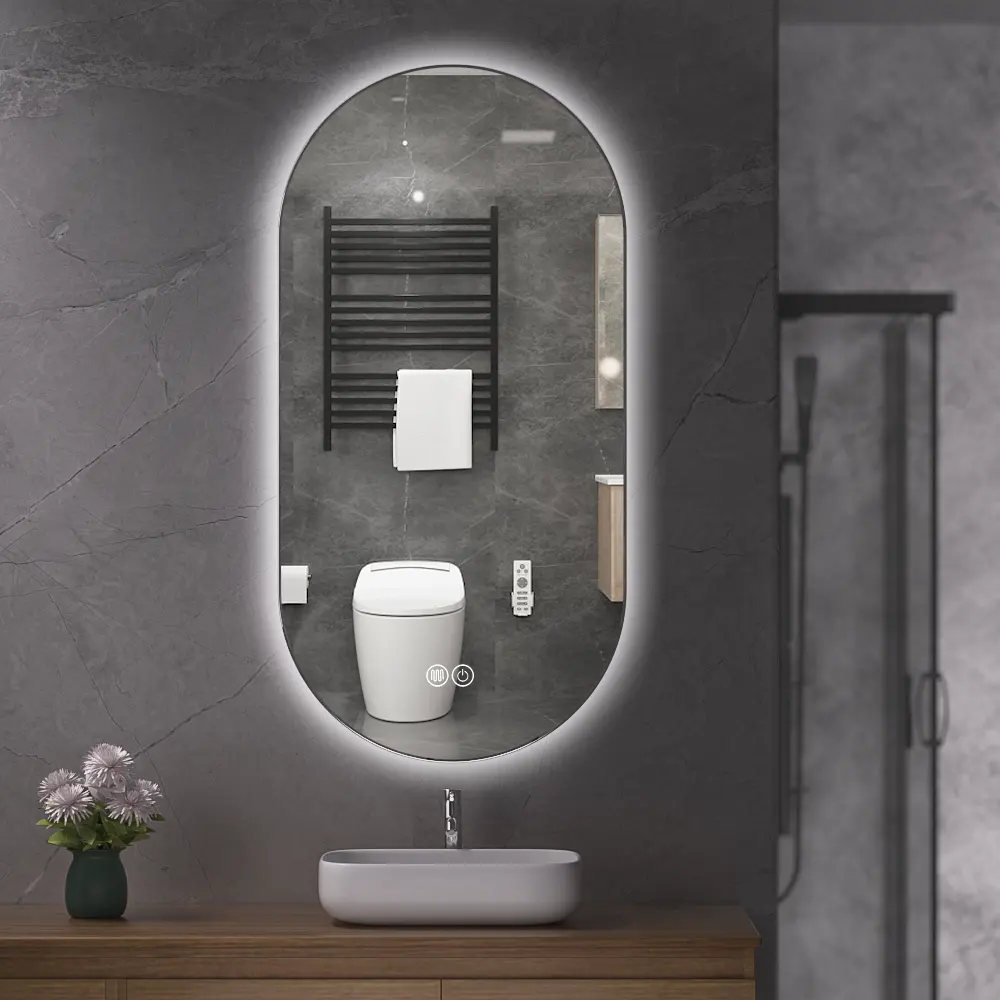 Led Oval kamar mandi cermin cerdas Backlit lampu Led dinding terpasang Anti kabut cermin rias untuk mandi