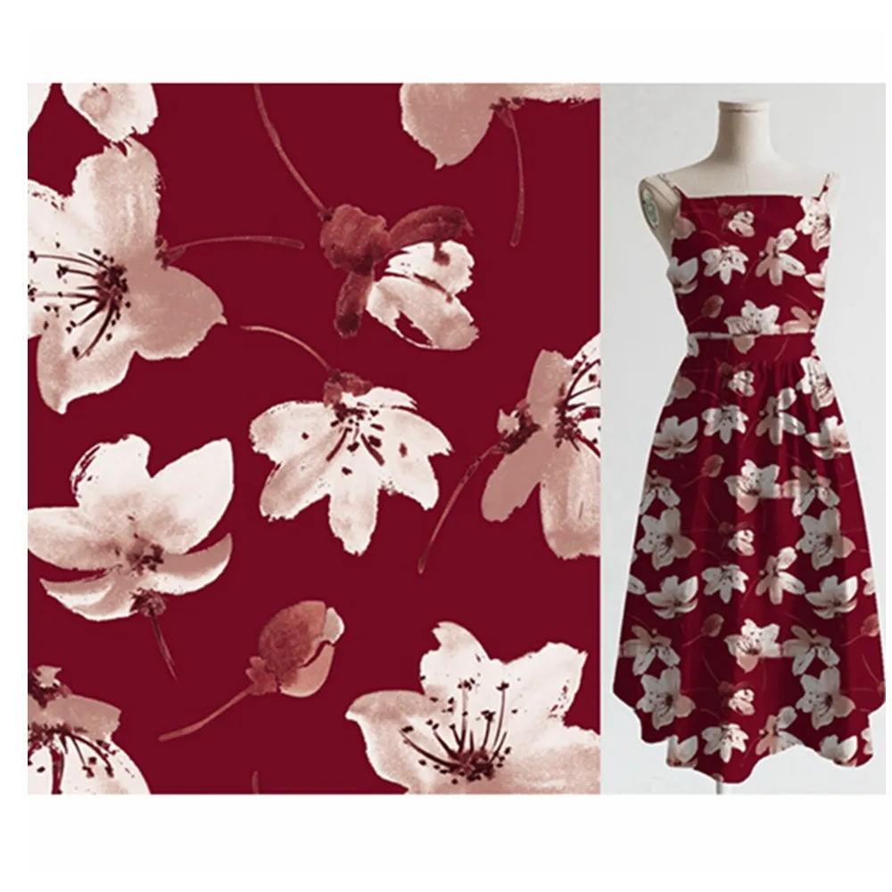Spandex estampa digital de poliéster, cor sólida, flores vermelhas, estilo de camisa para casamento, vestido de tecido