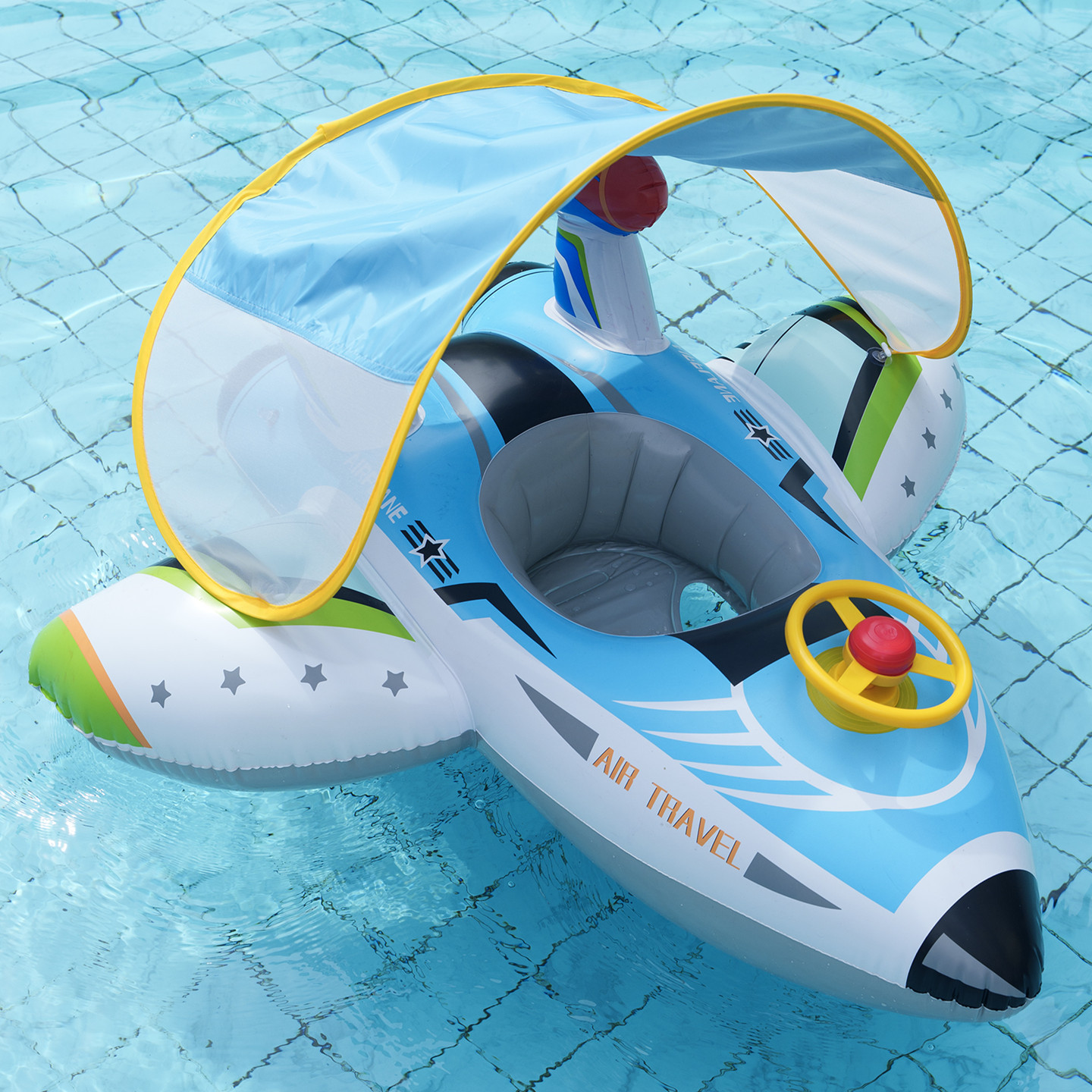 Blue-steering wheel rocket boat-with canopy
