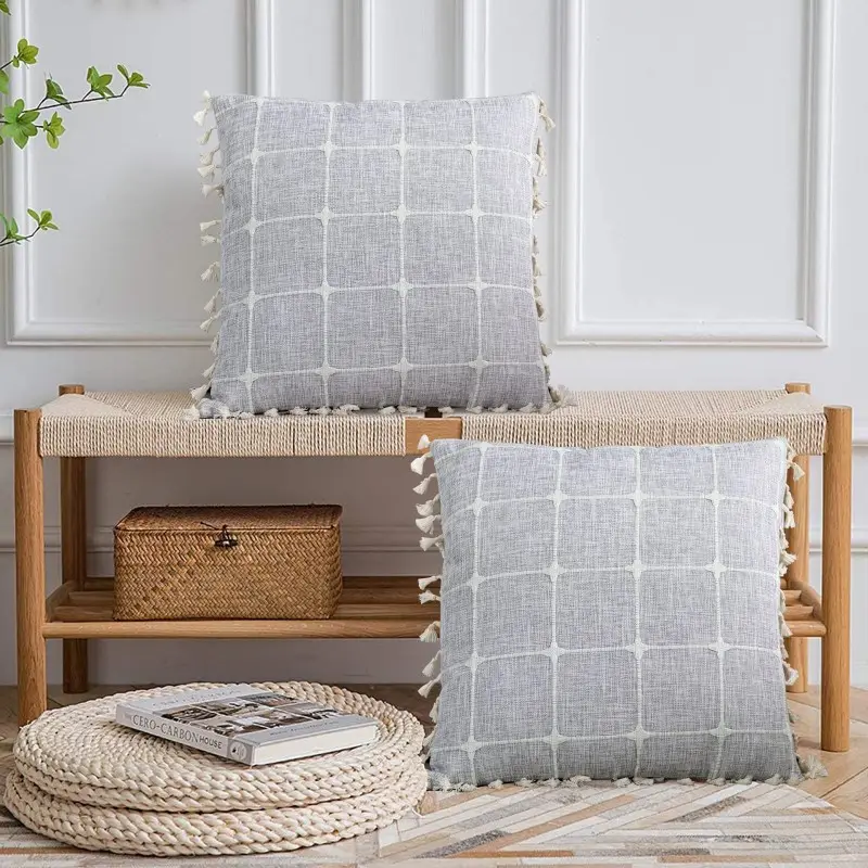 Fodere per cuscini in lino grigio 18x18 con nappe, fodera per cuscino con accento quadrato decorativo scozzese moderno Country francese/