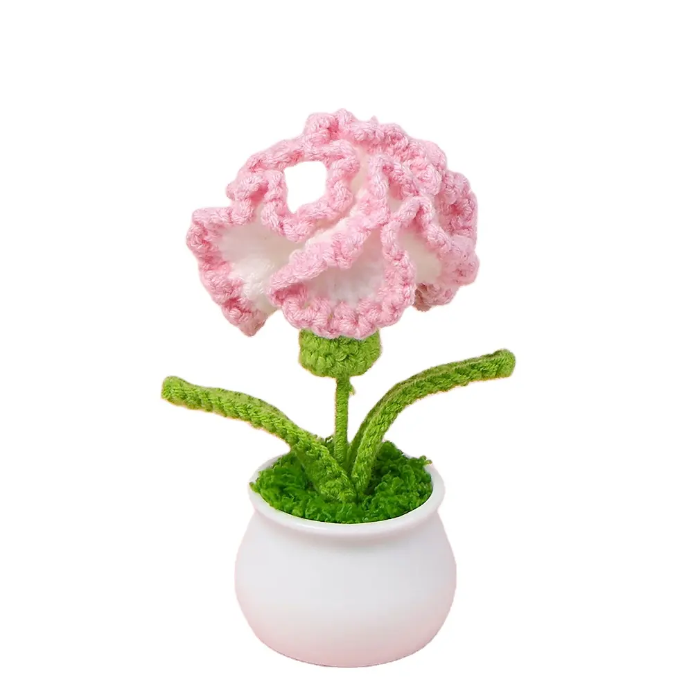 Novas ideias de decoração de mesa para presentes, buquê de flores de crochê artificial com fios de lã, cravo em forma de vaso em crochê gradiente tricotado