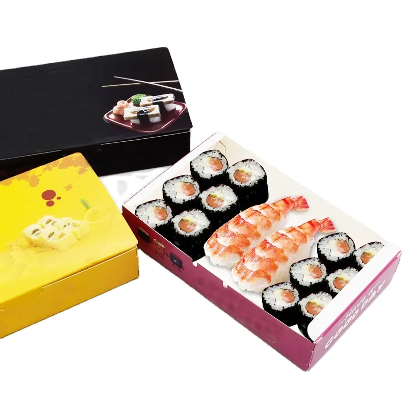 Op Maat Gemaakte Zwarte Verpakking Papier Karton Voor Verse Sushi Lunch Fast Food Vet Proof Opvouwbare Afhaallunch Verpakkingsdozen