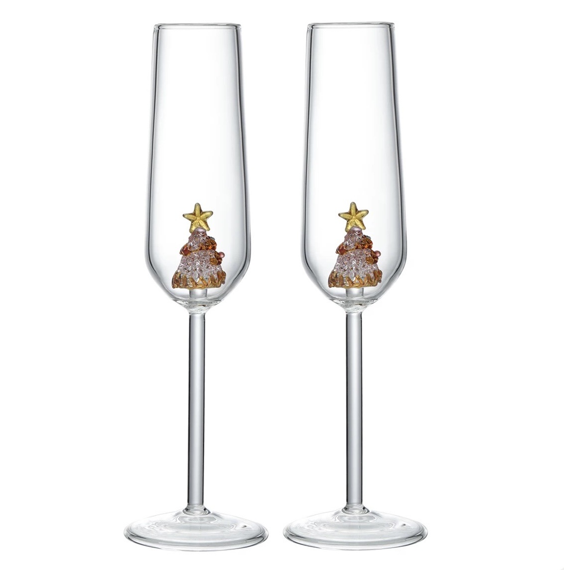 Nouveau verre à champagne sapin de Noël plaqué or rose lot de deux