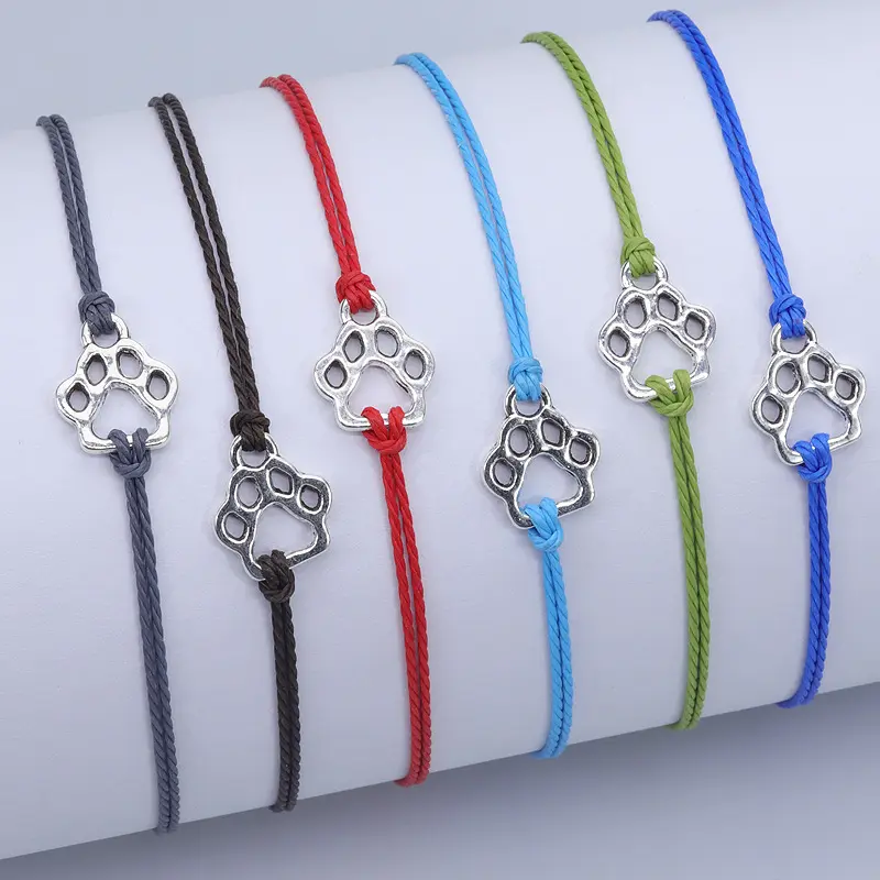 Pulsera con estampado de huella de gato y perro para mujer, pulsera tejida con hilo de cera, 12 colores