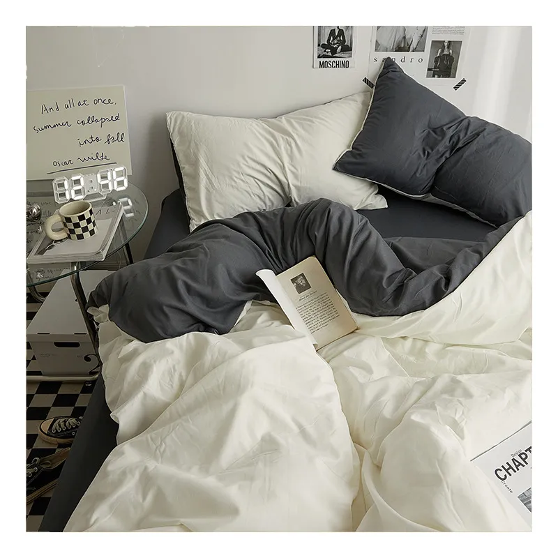 Wholesale Custom solid Bedsheets Bed Fitted Sheet Duvet Cover 100% Cotton Fiber Quilt Cover Pillow Case 4 Pcs Bedding Set