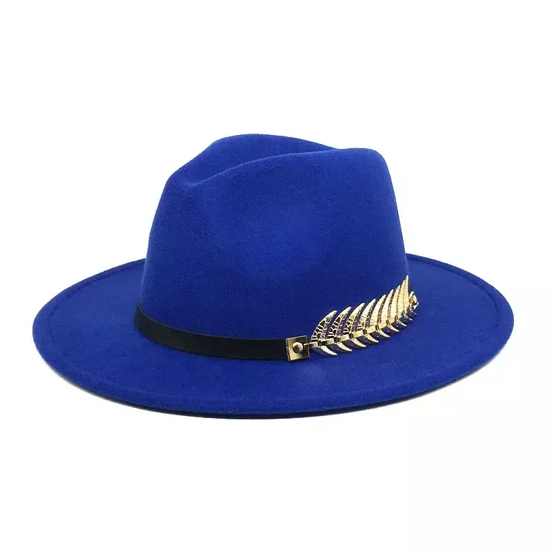 หมวกปีกกว้างสไตล์แจ๊สสำหรับผู้หญิง,หมวกทรงก้างปลาลายใบไม้สีทองหมวกฟีดอร่าปานามา