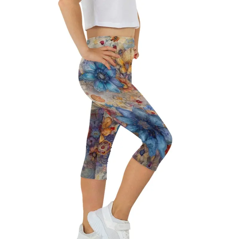 Sublimación girasol pintura al óleo estilo personalizado niña Leggings tela de poliéster suave recortada pantalones elásticos Capri medias