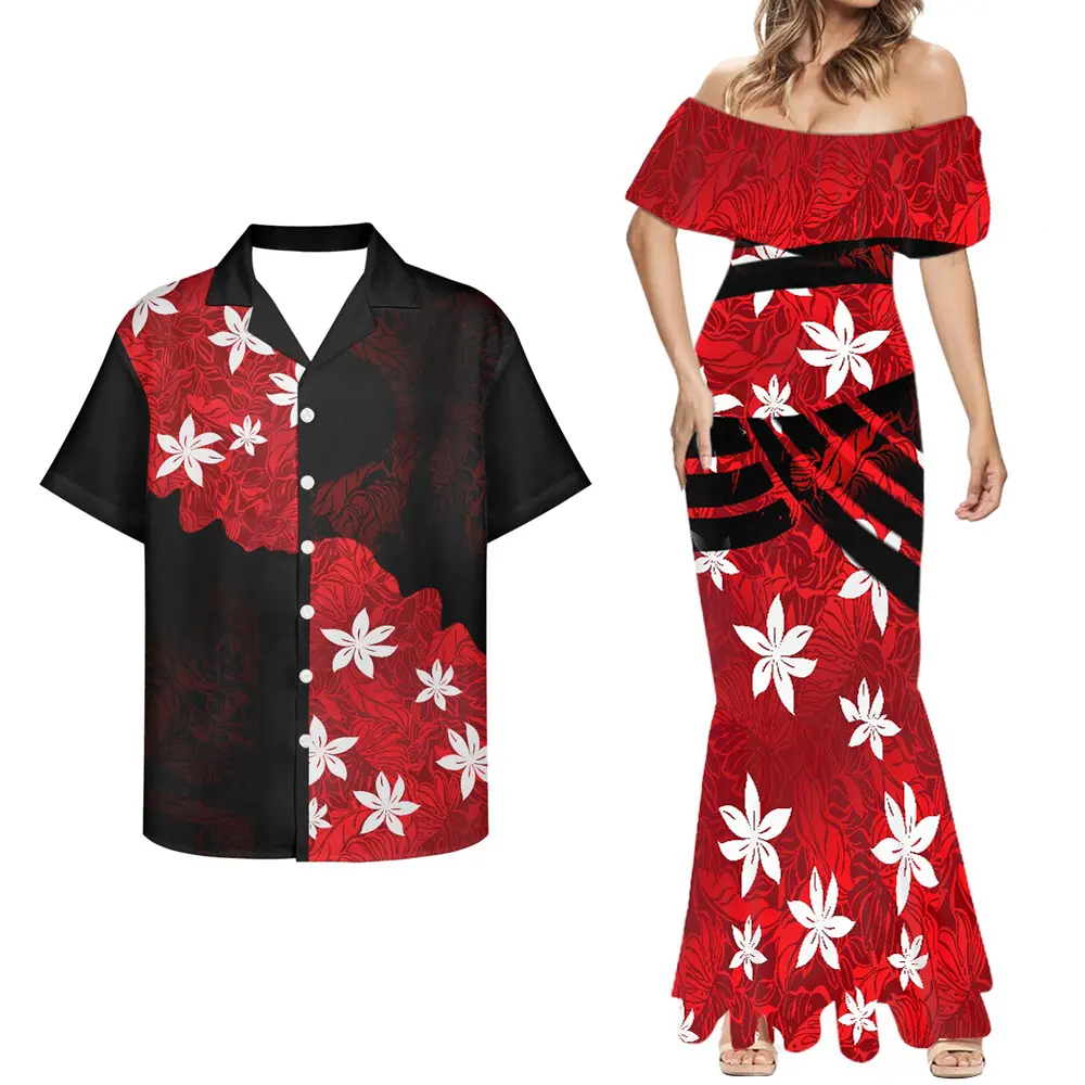 Roupas tribais polinésias havaianas Red Tiare Flower Print Casais personalizados Combinando Roupas Camisas Vestidos formais Cocktail