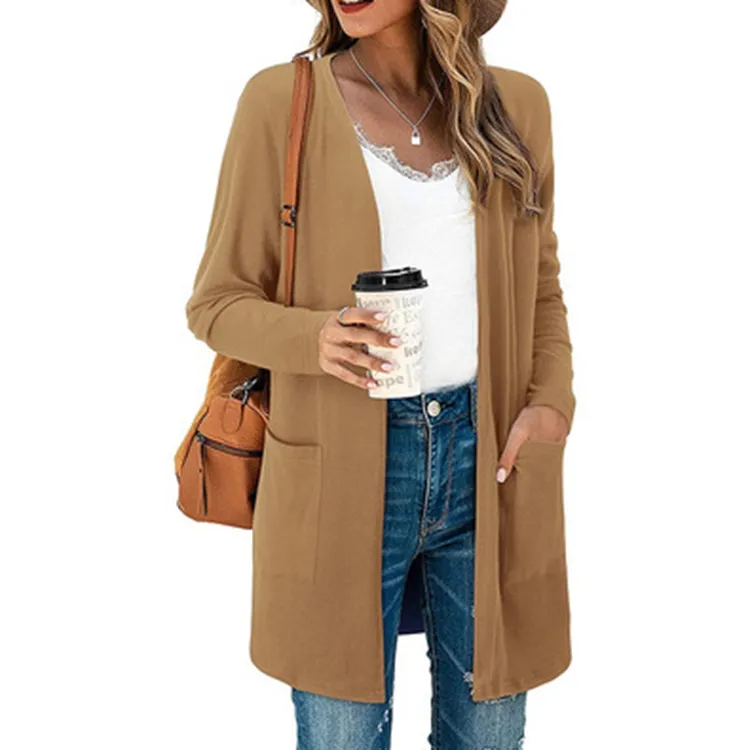 Suéter de punto abierto para mujer, cárdigan largo personalizado con bolsillos sueltos, primavera y otoño