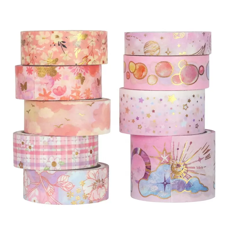 Warm-Toned Pink Dreamy Cloud Gradient Beautiful Flower Kawaii Bubble Star Butterfly Gold Foil Washi Tape