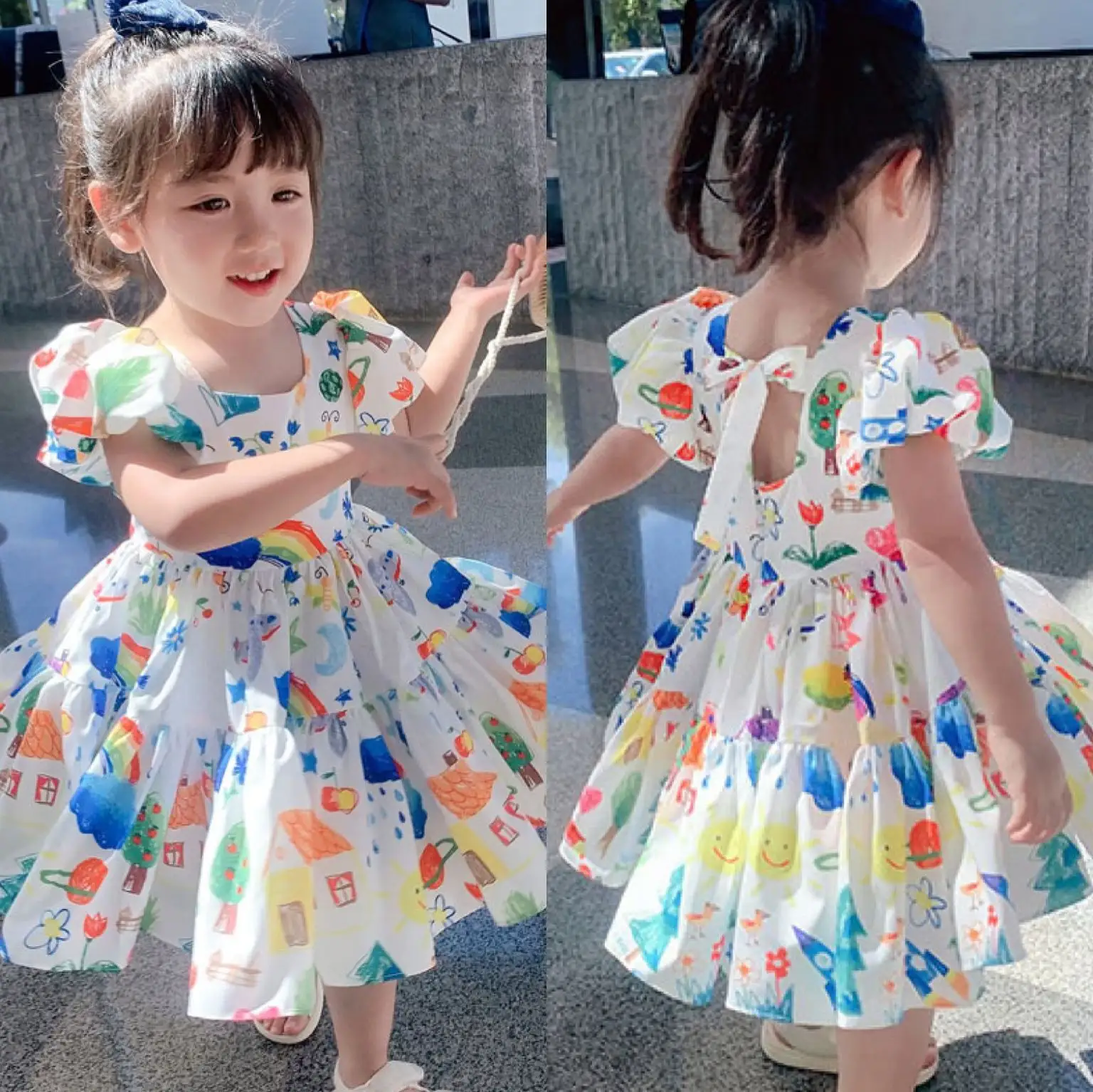 लड़कियों के लिए ड्रेस 2022 गर्मियों में बच्चों के कश आस्तीन पोशाक लड़कियों प्रिंट राजकुमारी ड्रेस
