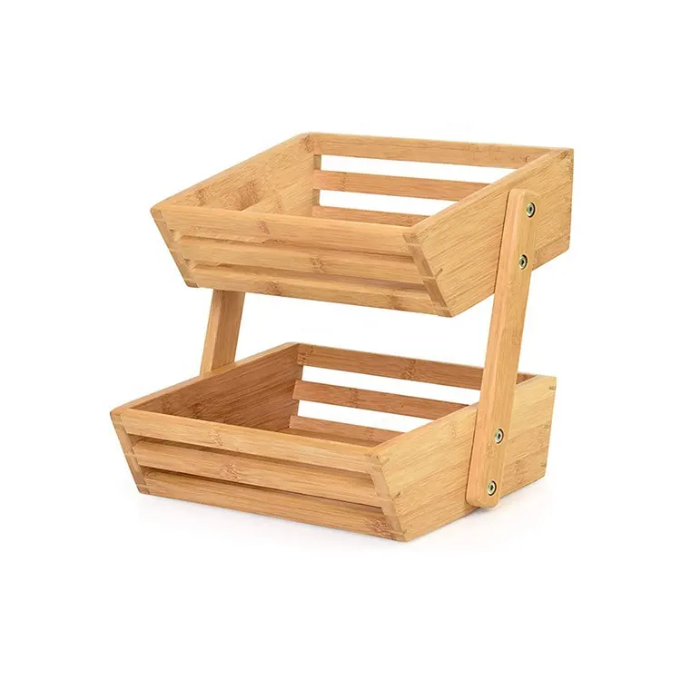 Cesta rústica de madera de bambú para frutas y pan, soporte de almacenamiento de 2 niveles, estante de verduras para encimera de cocina