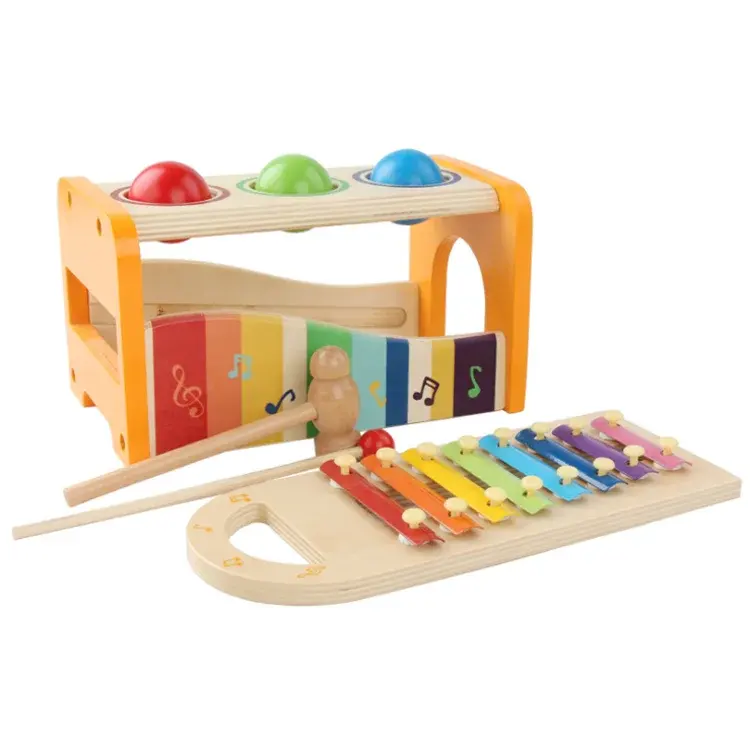 Dapat disesuaikan anak-anak kayu meja tumpukan mainan perkusi bayi edukasi dini puzzle tarik meja bola ketukan