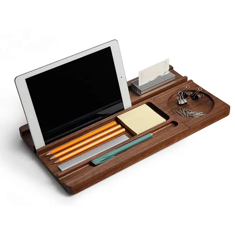 Support de téléphone portable en bois de noyer noir, organiseur de bureau multifonctionnel pour stylos, cartes de visite