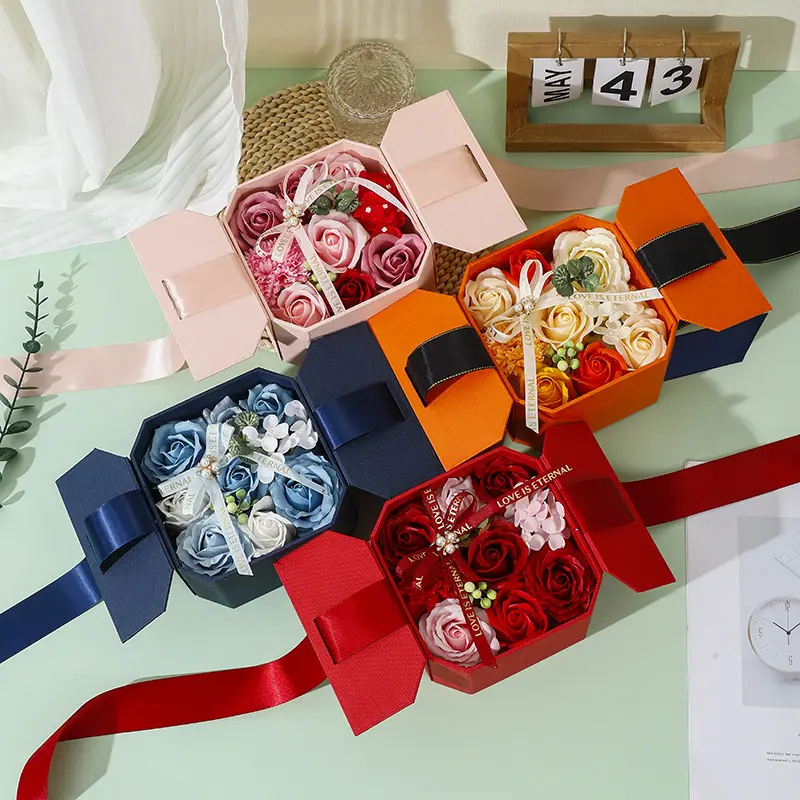 Vendita calda creativa Souvenir fiori artificiali nastro doppio regalo aperto sapone rosa scatola regalo fiori regalo ornamenti per gli amici