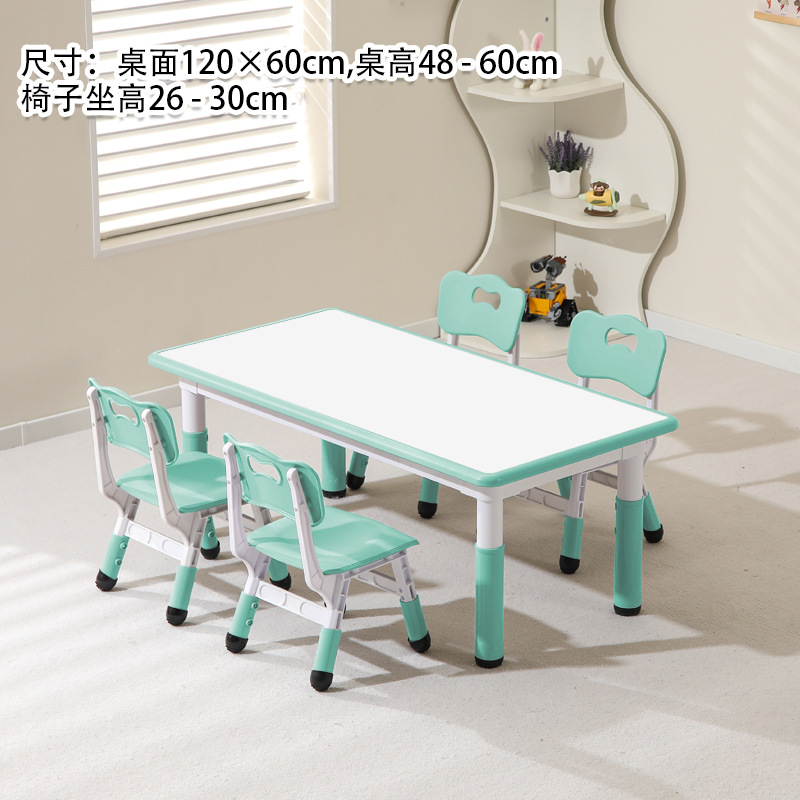 Whiteboard, mint green, table and four chairs