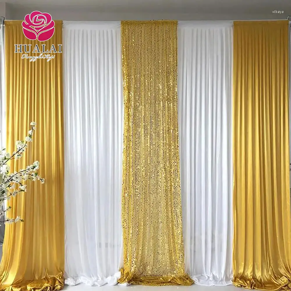 Nuovo design bianco e oro paillettes di ghiaccio tessuto di seta drappeggi di sfondo tenda drappo per scena festa di nozze evento decorazione