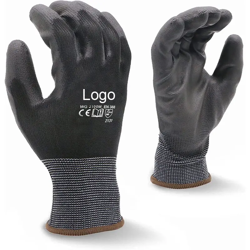 Guantes DE TRABAJO DE PU negros personalizados, 12 pares de guantes de trabajo de jardinería de seguridad, guante de agarre transpirable ultrafino