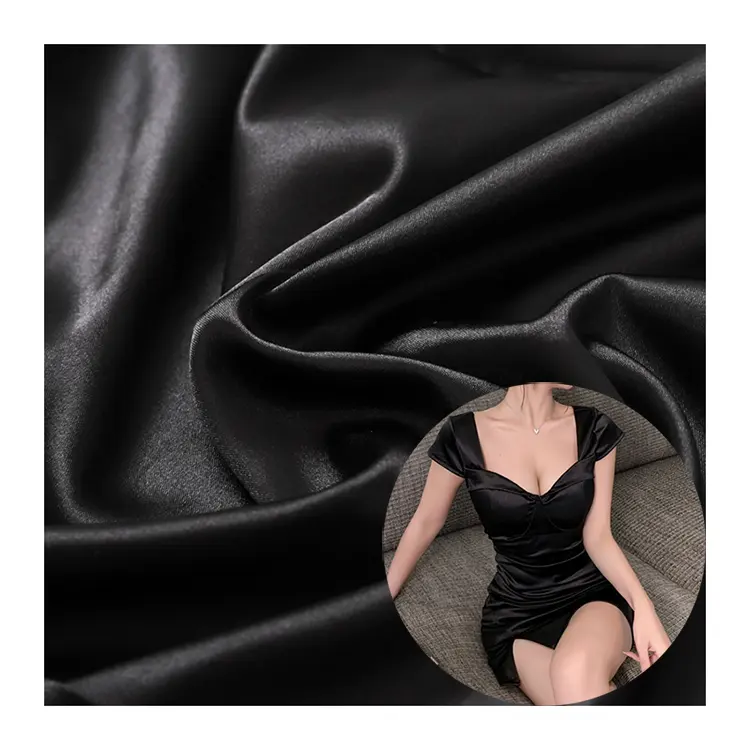 50D * 75D 100% पॉलिएस्टर चमकदार काले रानी साटन कपड़े के लिए कपड़े अस्तर कपड़े 100% पॉलिएस्टर चमक काले साटन कपड़े