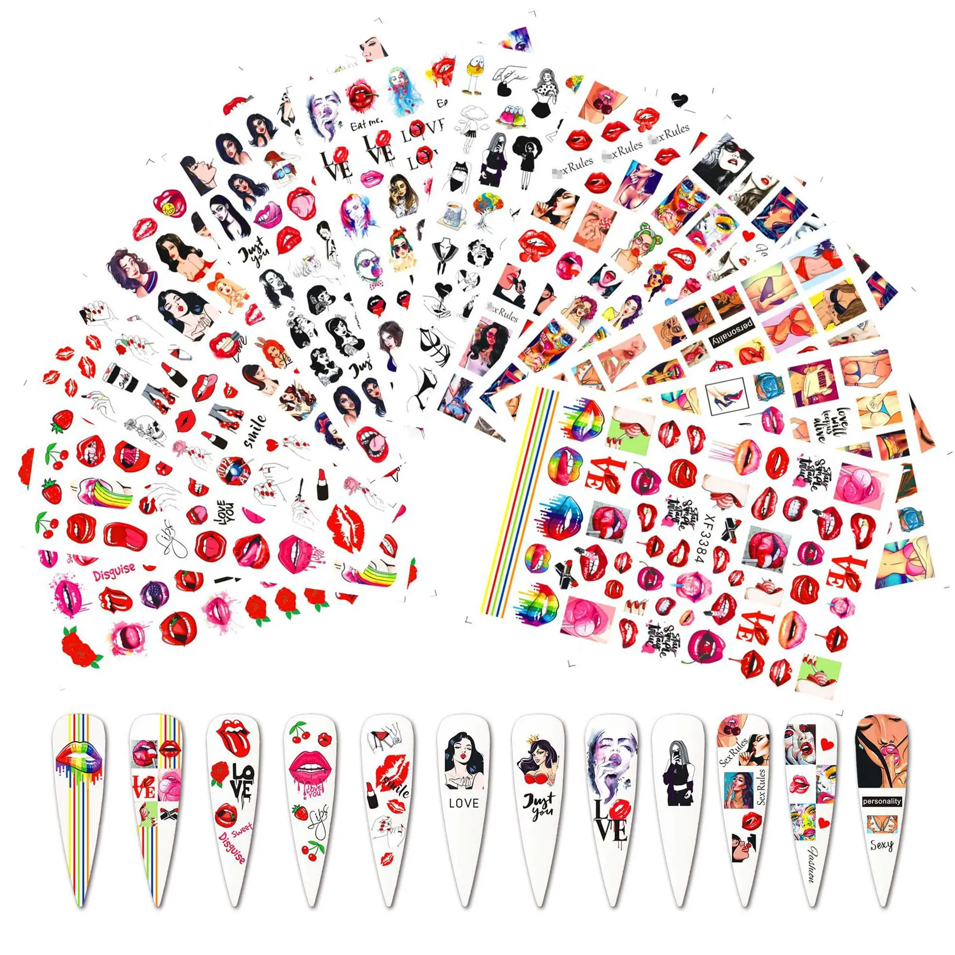 Hỗn Hợp 12 Cái/bộ XF Đáng Yêu 3D Hoa Môi Thiết Kế Chuyển Nước Móng Tay Art Sticker Decals Phụ Nữ Làm Móng Tay Công Cụ Nail Wraps Decals